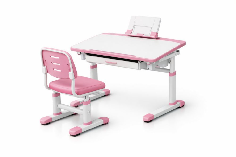 Bureau et Chaise Enfants Réglables Bois Métal Rose/Blanc