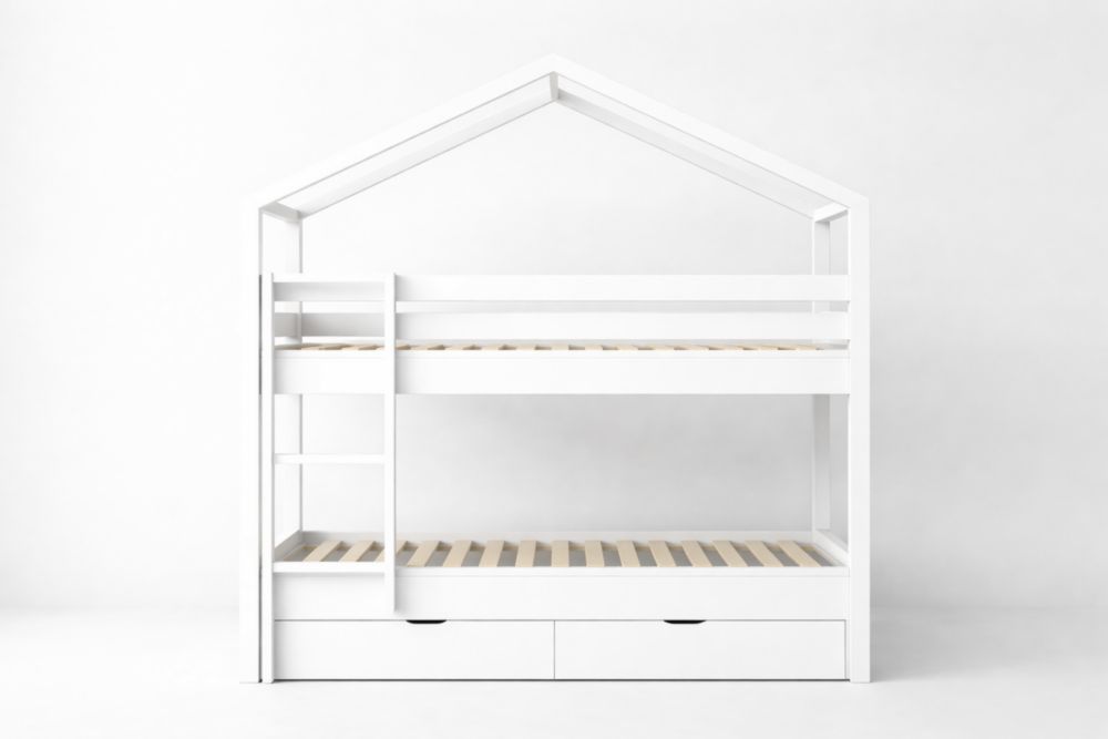 Lit superposé en bois blanc avec échelle et tiroirs