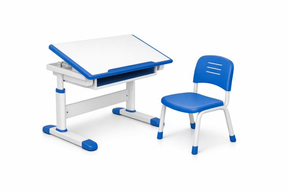 Ensemble Bureau et Chaise Enfant Réglable Bois Métal Plastique Bleu