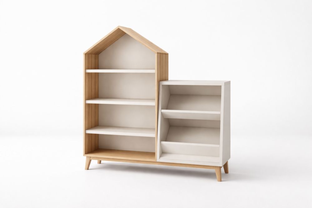 Étagère Enfant en Bois et MDF Maison et Rectangle avec 6 Compartiments Blanc et Bois