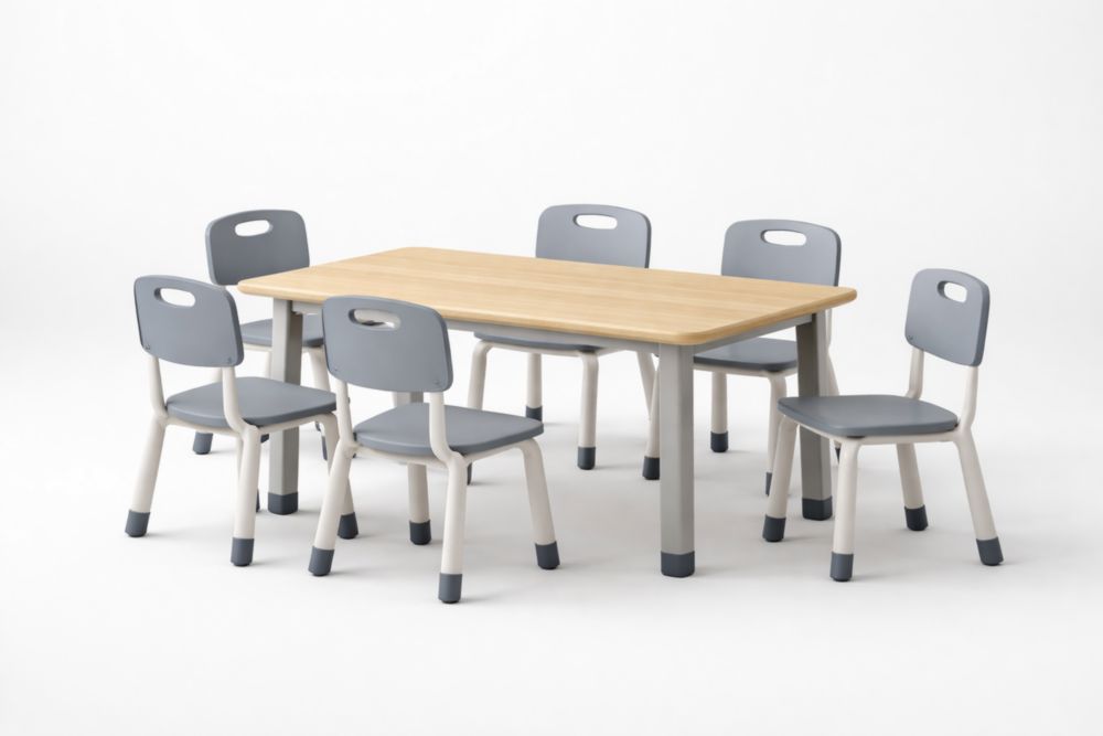 Ensemble table et chaises pour enfants en bois et plastique gris 6 places