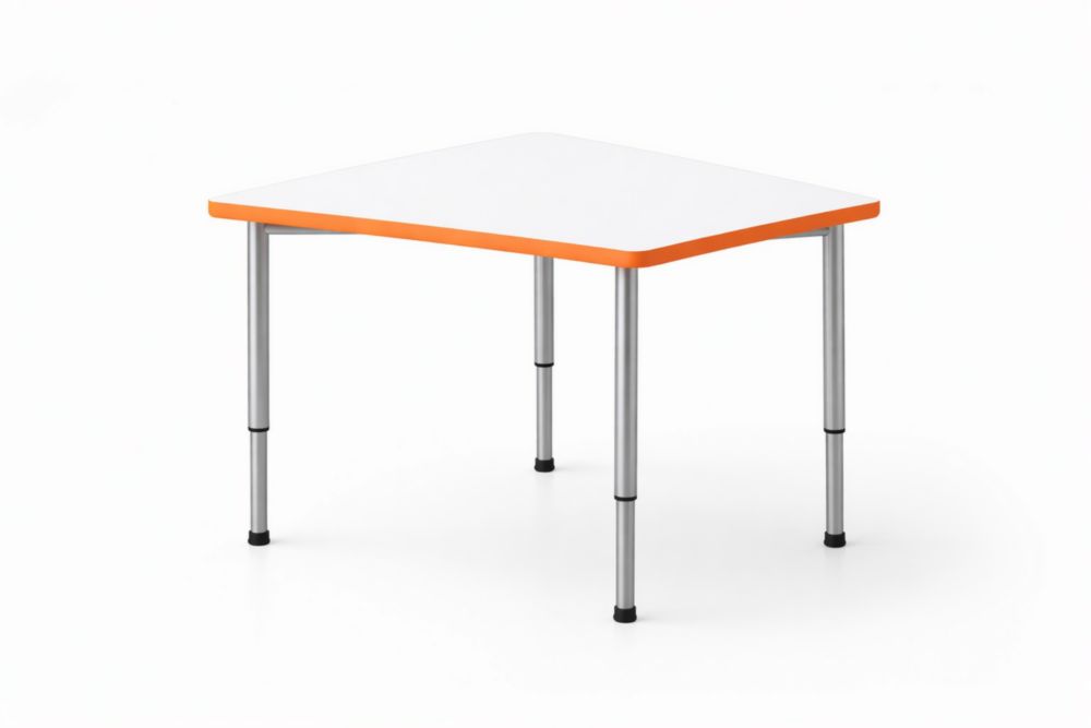 Table trapézoïdale au plateau blanc stratifié,avec bordure orange et piètement en métal