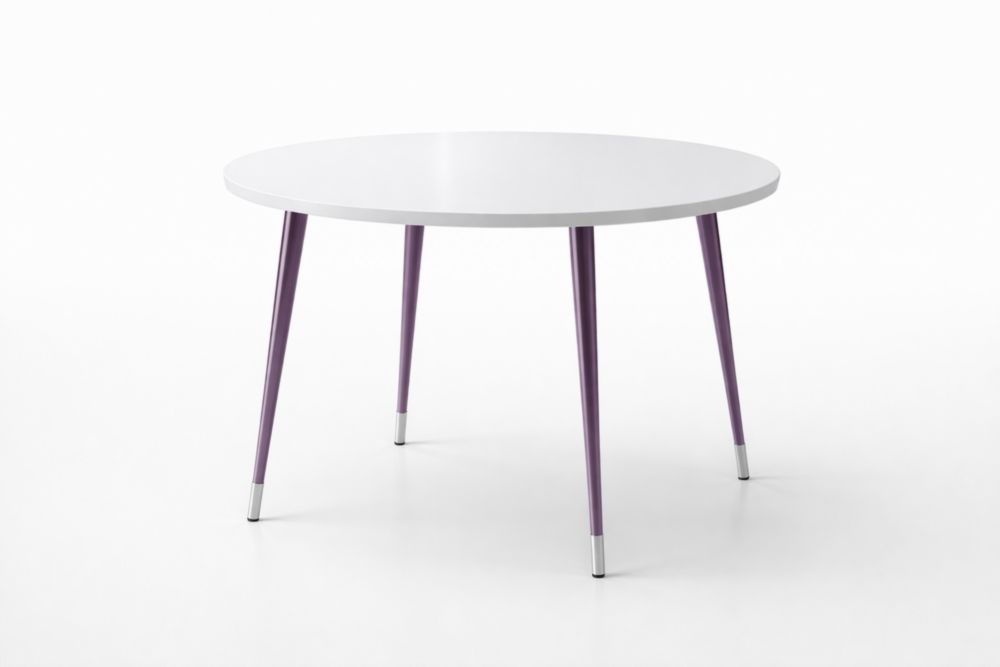 Table ronde MDF blanc avec pieds en métal violet