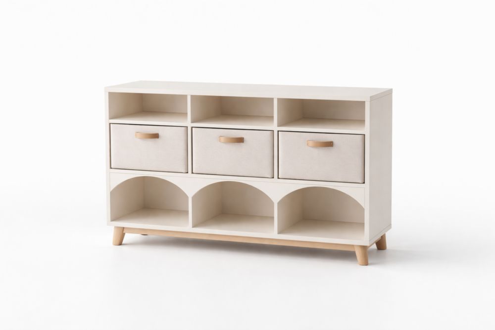 Buffet en bois avec trois tiroirs en tissu beige