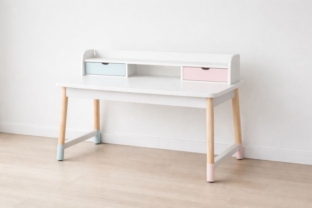Bureau enfant en MDF avec pieds en hêtre 2 tiroirs bleu rose