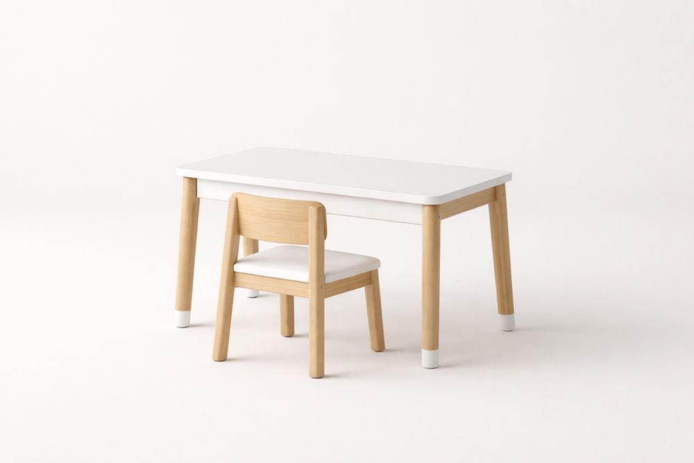 Table et chaise pour enfants en bois et MDF blanc et naturel