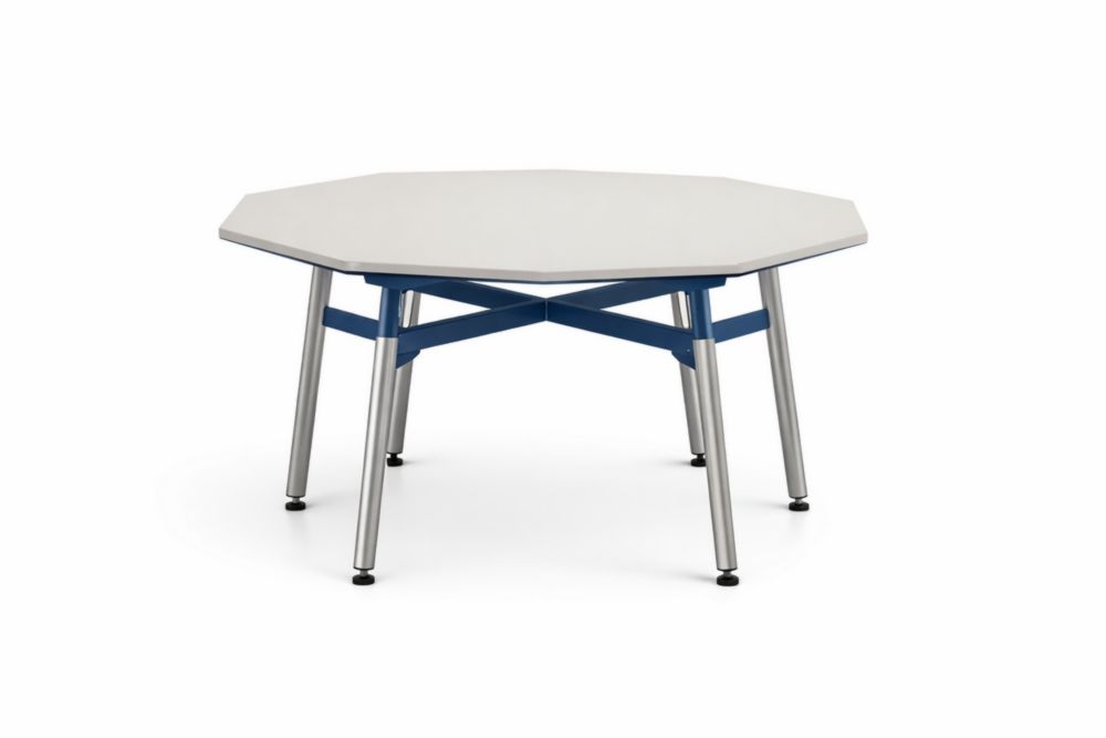 Table octogonale en métal et composite blanc et bleu