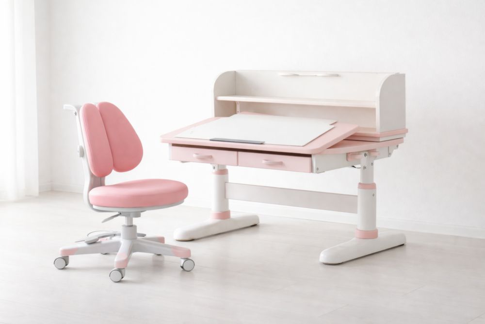 Ensemble de bureau et chaise pour enfant en bois et métal Rose