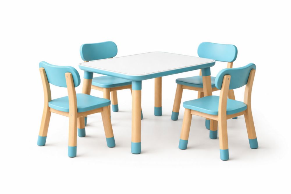 Table et Chaises Enfant en Bois et Plastique Bleu et Blanc