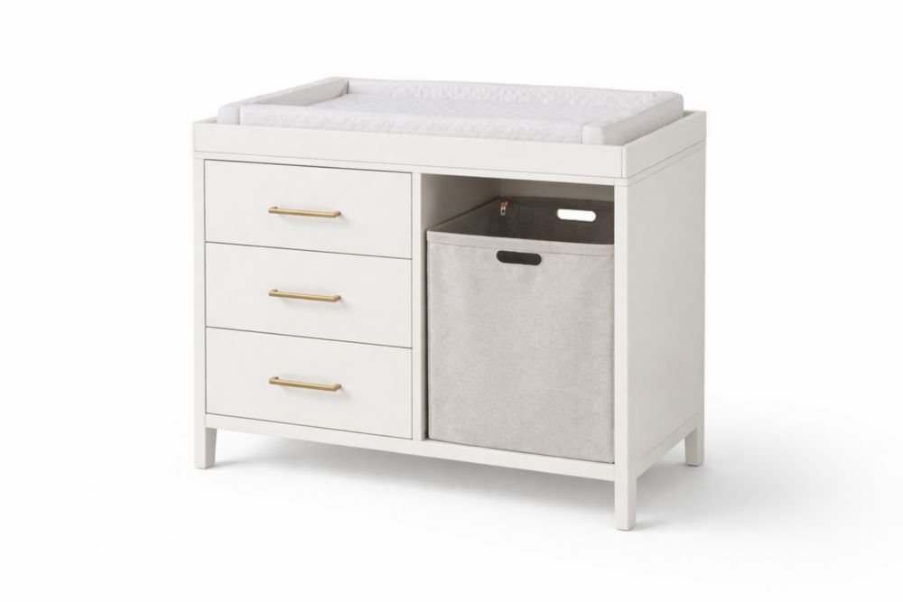 Commode à langer en bois avec tiroirs et panier textile Blanc