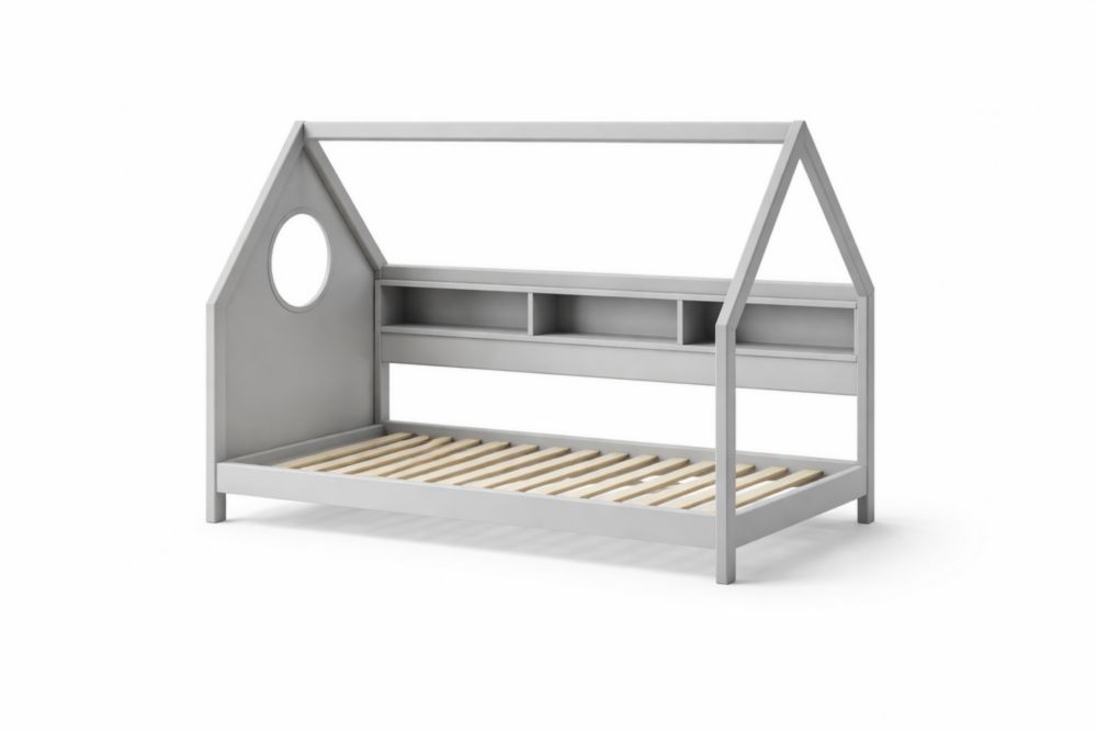 Lit pour enfants en bois avec étagères intégrées gris