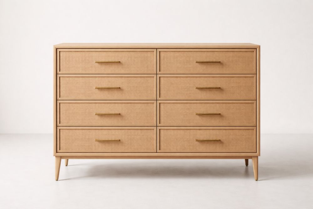 Commode en bois avec 8 tiroirs en rotin