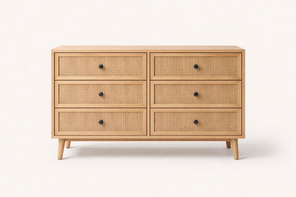 Commode en bois et rotin avec 6 tiroirs 120x40x75 cm