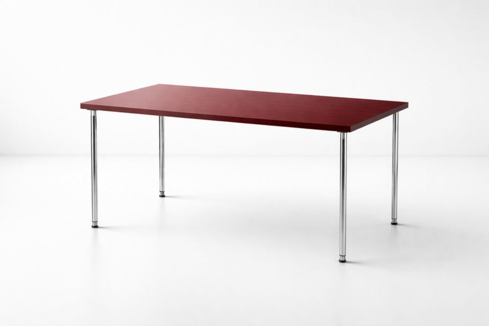 Table rectangulaire en bois MDF rouge avec pieds en acier chromé