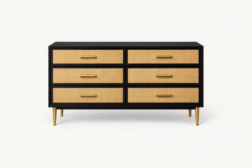 Commode 6 Tiroirs en Panneau Stratifié et Rotin Noir et Miel 120 cm