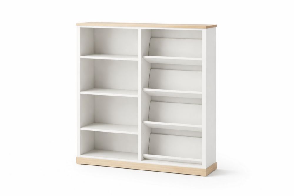 Bibliothèque en MDF Blanc et Chêne avec Étagères Fixes et Inclinées