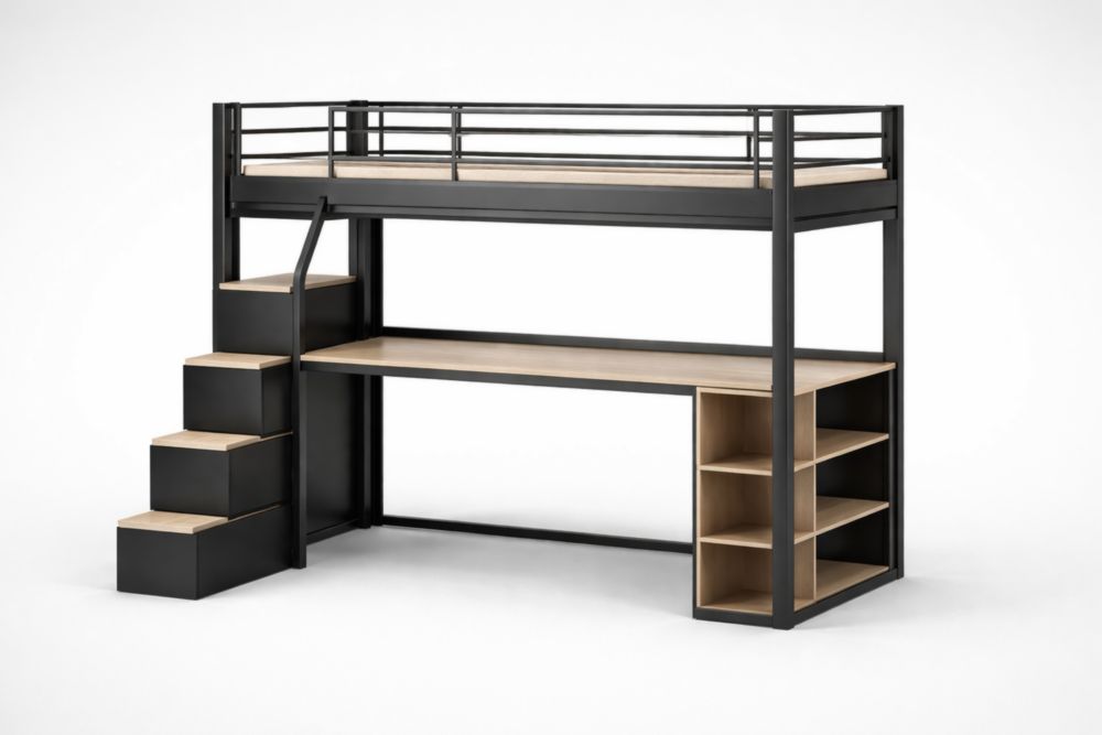Lit mezzanine en métal et panneau de particules avec rangement et bureau 200 x 100 x 180 cm Noir / Bois