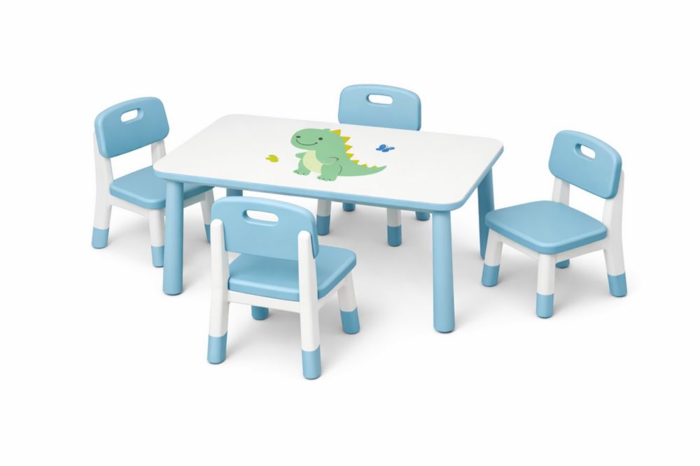 Ensemble table et chaises pour enfants en plastique bleu et blanc avec motif dinosaure