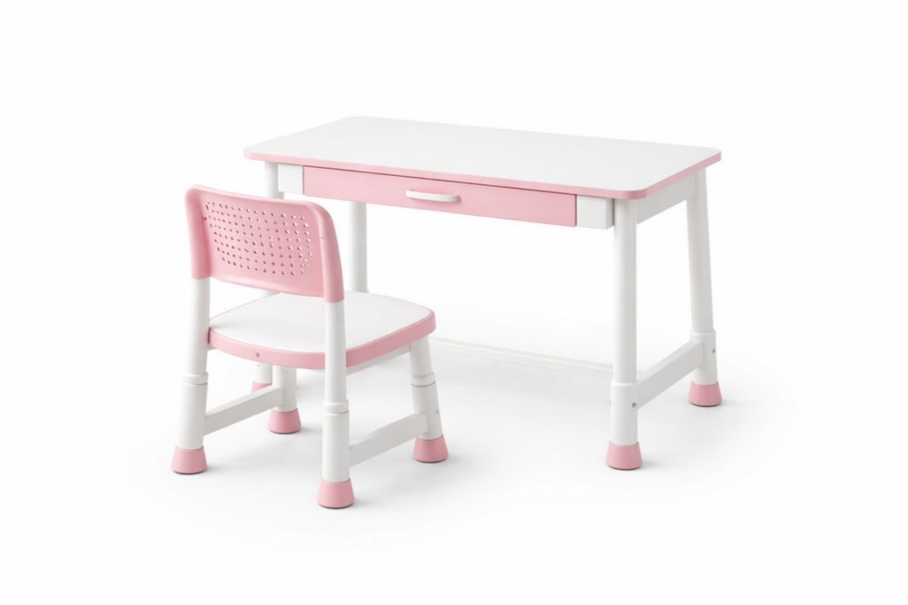 Bureau et Chaise Enfant en Plastique Rose et Blanc avec Tiroir