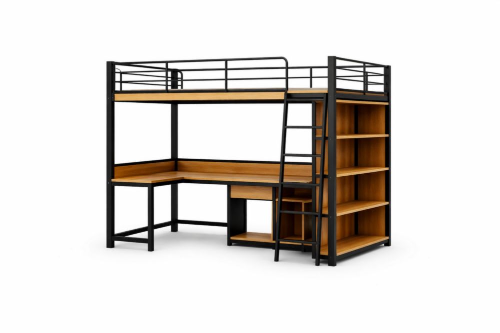 Lit mezzanine avec bureau et étagères en métal et bois