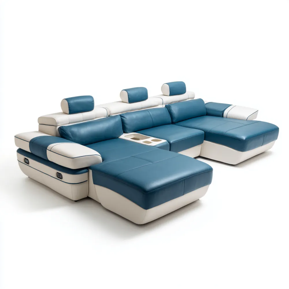 Canapé d'angle en cuir 300x150x85 cm – Bleu/Blanc – Moderne