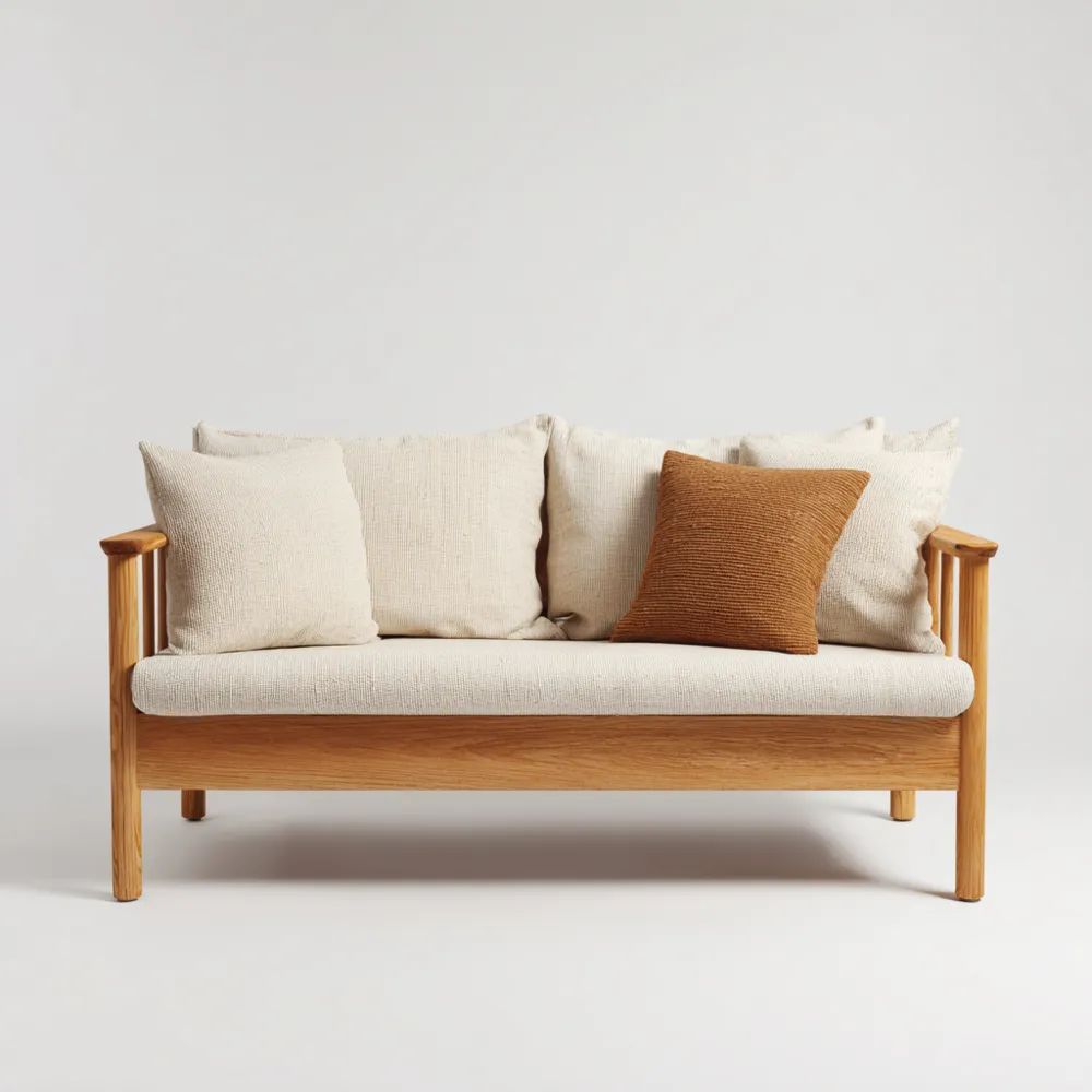 Canapé 2 places Bois massif 150x85x75 cm – Tissu Écru – Design Scandinave