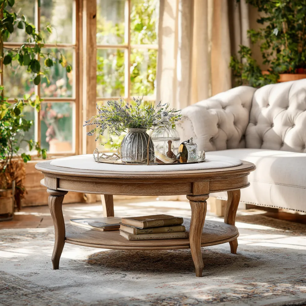 Table basse ronde en bois chêne 90x90x45 cm - Style classique