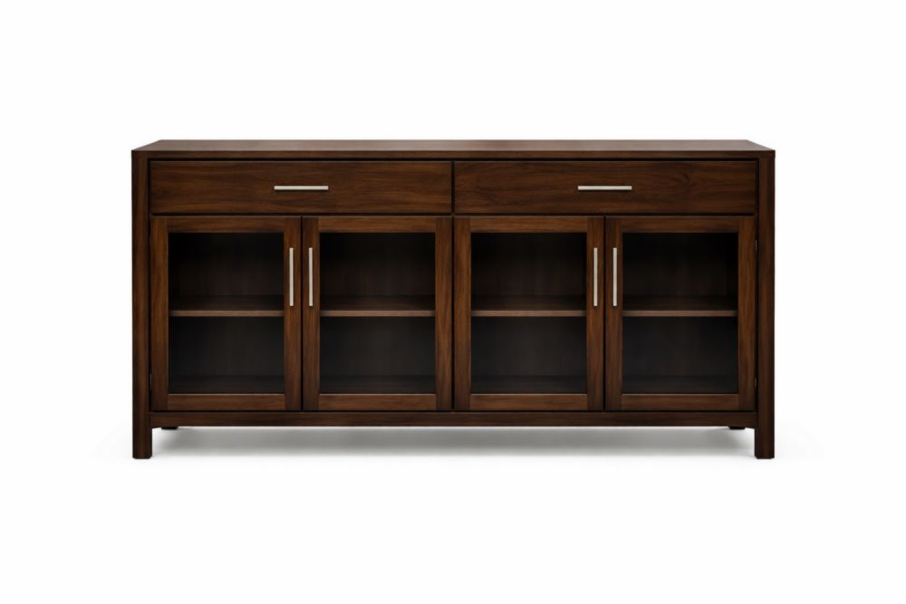 Credenza in legno con ante in vetro temperato e cassetti