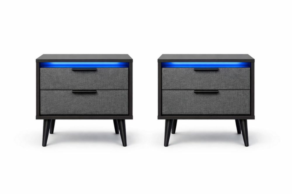 Set di 2 Comodini in Legno e Tessuto con LED e 2 Cassetti 60x40x50 cm