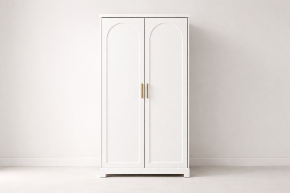 Armadio bianco a due ante in MDF con maniglie in acciaio