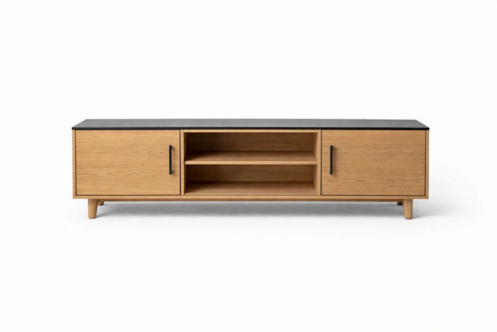 Mobile TV in Legno di Quercia con Piano in Melamina Nero