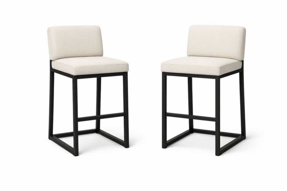 Set di 2 sgabelli con seduta in tessuto beige e struttura in acciaio nero