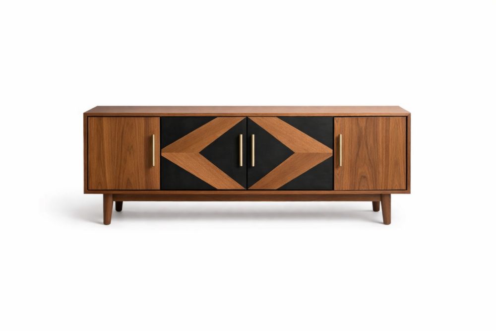 Credenza in Legno Noce e Nero con Motivo Geometrico