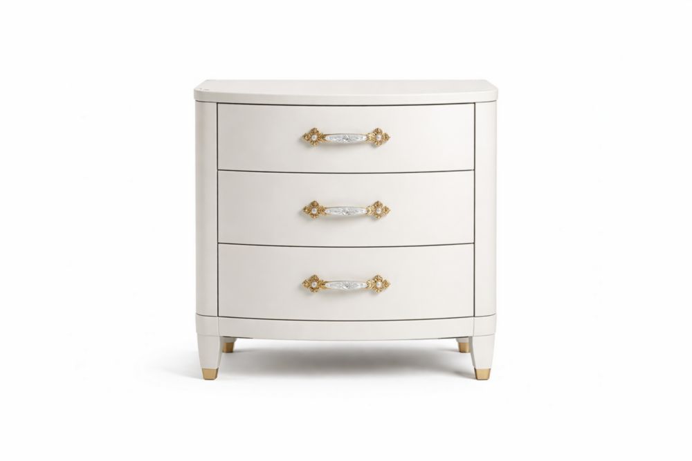 Cassettiera in legno bianco tre cassetti maniglie dorate