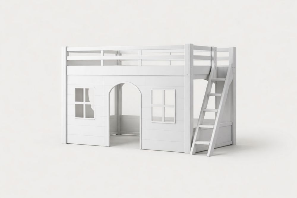 Letto a castello in legno di pino bianco con scala e struttura a casa