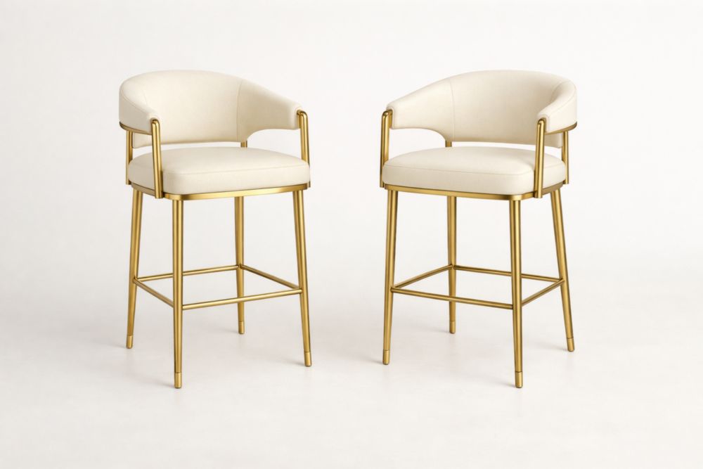 Set di 2 sgabelli alti in acciaio con seduta in tessuto bianco