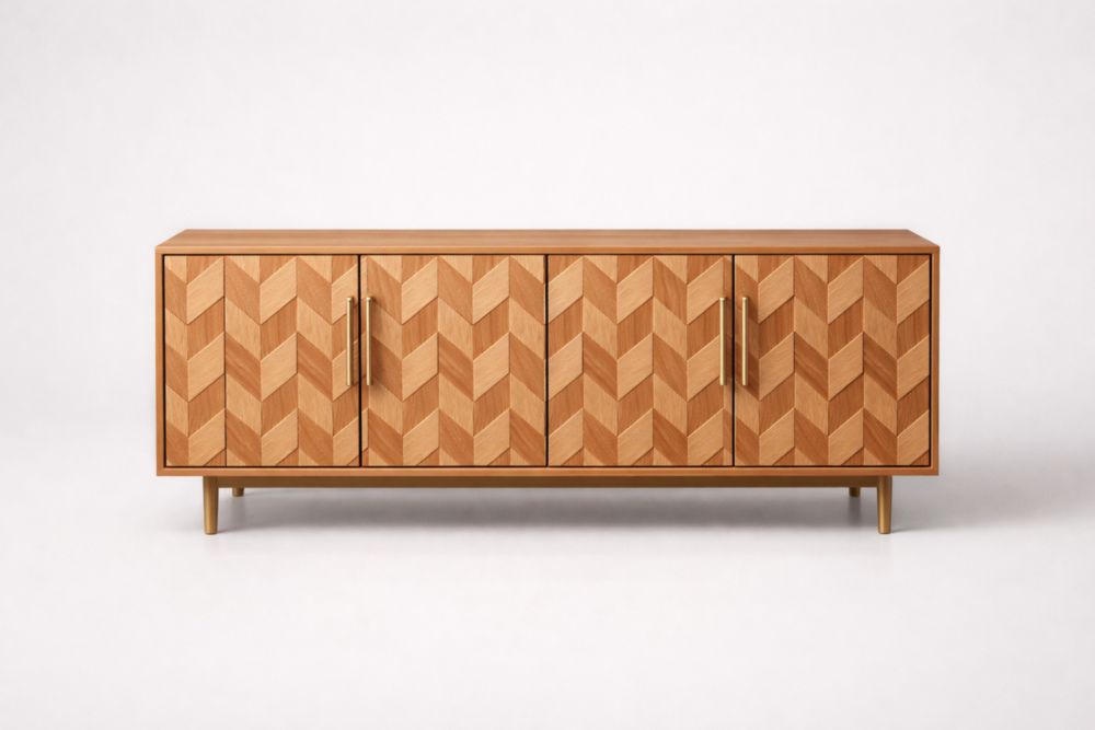 Credenza in Legno di Quercia con 4 Ante, Maniglie in Acciaio, Lunghezza 200 cm, Colore Legno Naturale