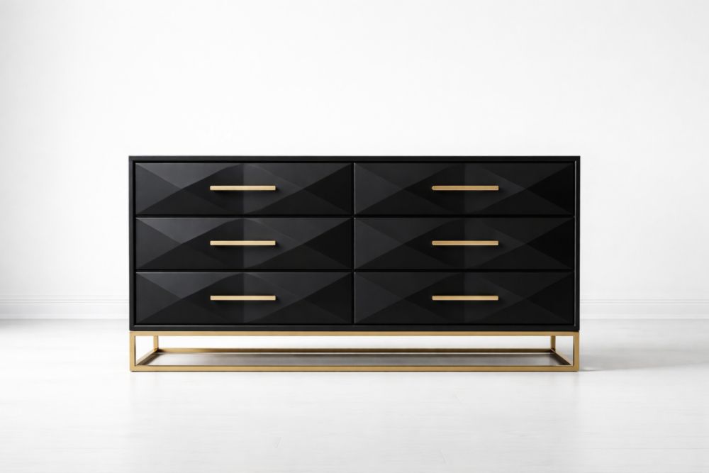 Cassettiera Legno MDF Nero con Struttura in Acciaio 6 Cassetti