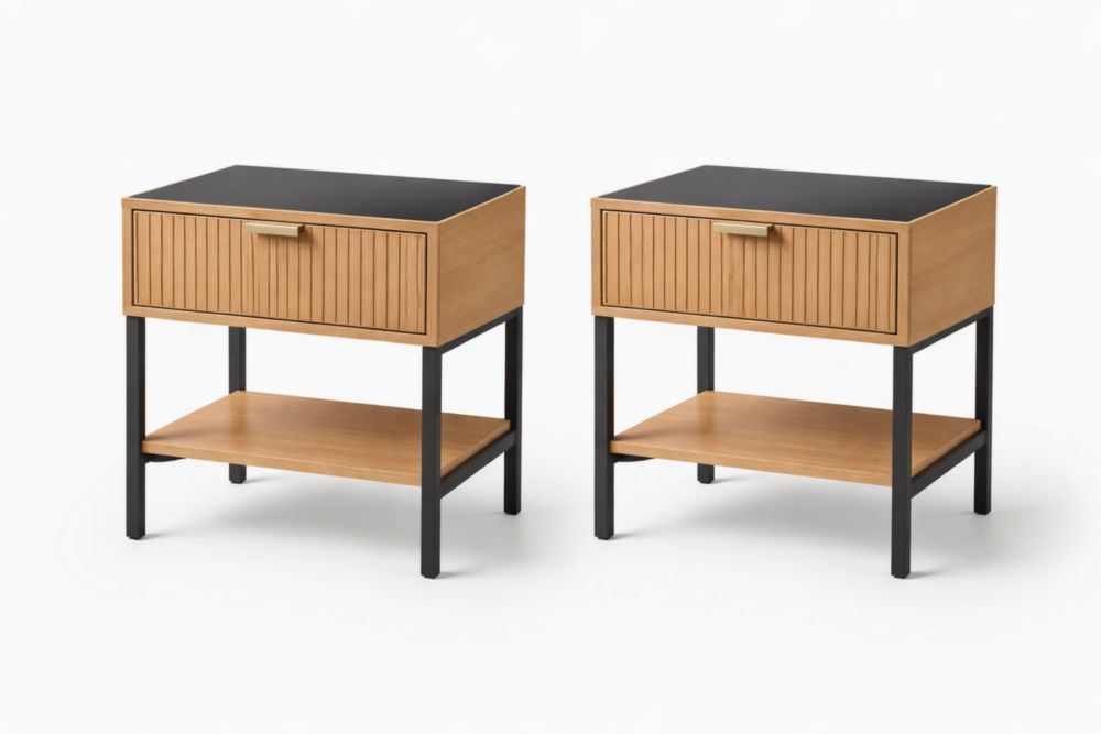 Comodini in Legno e Acciaio con Ripiano e Cassetto, 60 cm x 40 cm x 55 cm, Set di 2