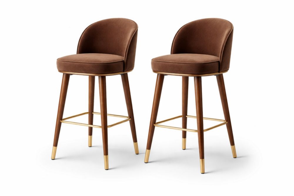 Set di 2 sgabelli da bar in velluto marrone con gambe in legno