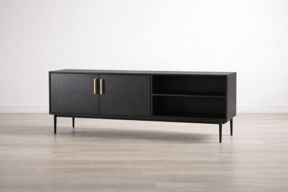 Mobile Porta TV in MDF con Finitura Verniciata Nera e Gambe in Acciaio, 2 Ante e 1 Ripiano Aperto