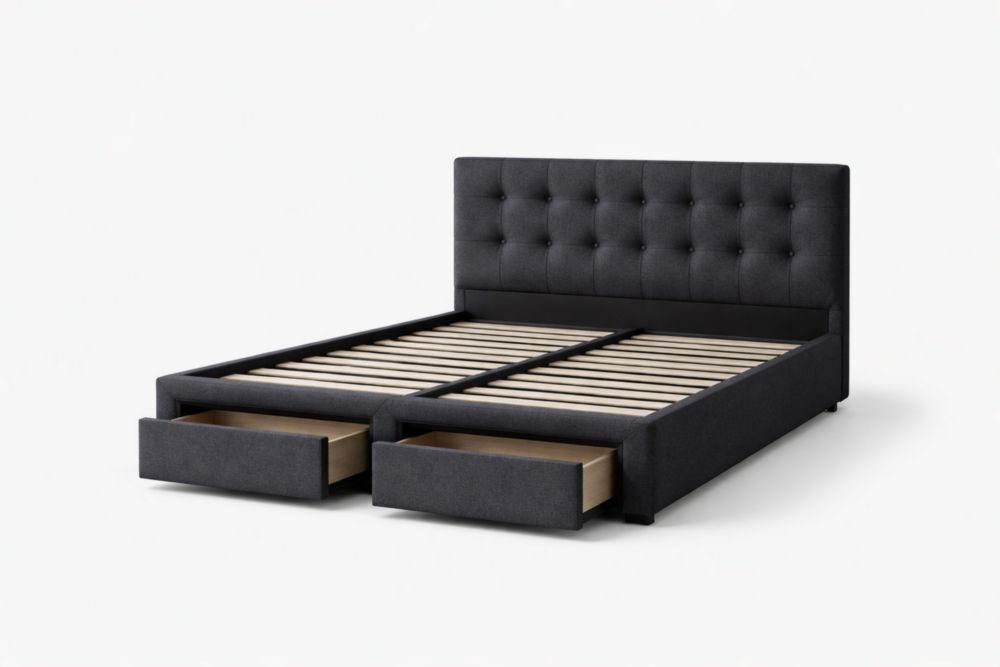 Letto matrimoniale con cassetti in tessuto grigio