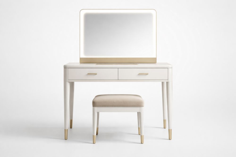 Set toeletta con specchio e sgabello in legno bianco e oro