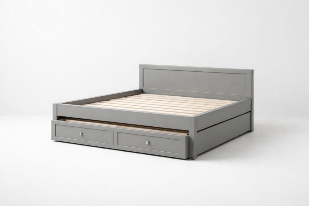 Letto in Legno Massello con Contenitore Grigio 200x160 cm