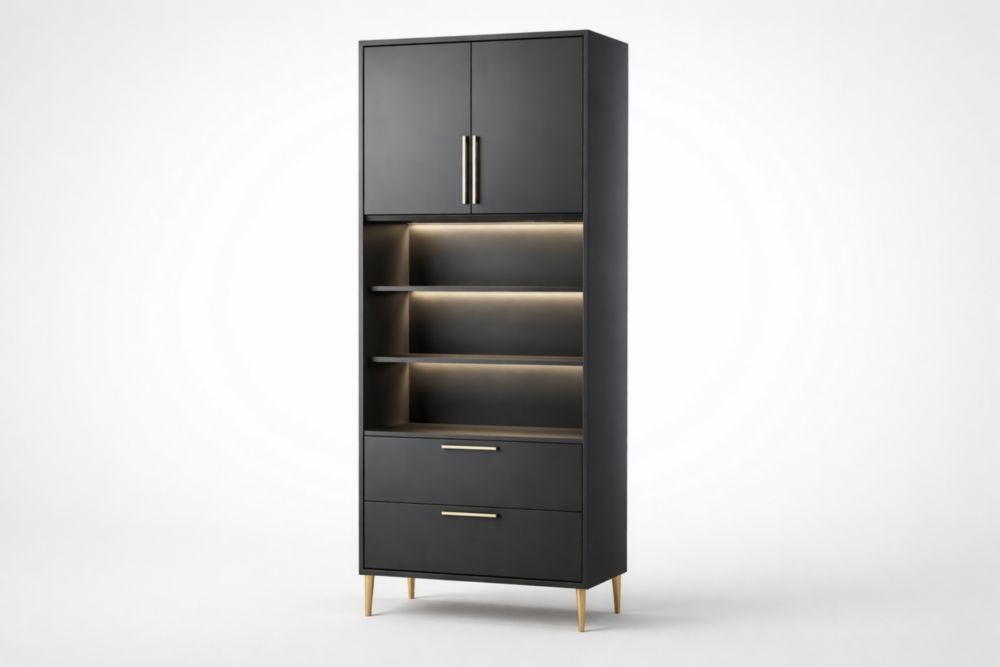 Libreria Armadio Nero MDF con LED e Gambe in Acciaio