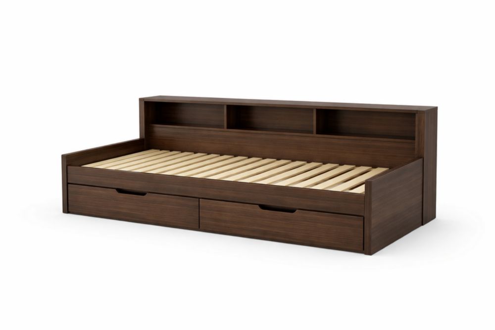 Letto singolo in legno con scaffali e cassetti Marrone