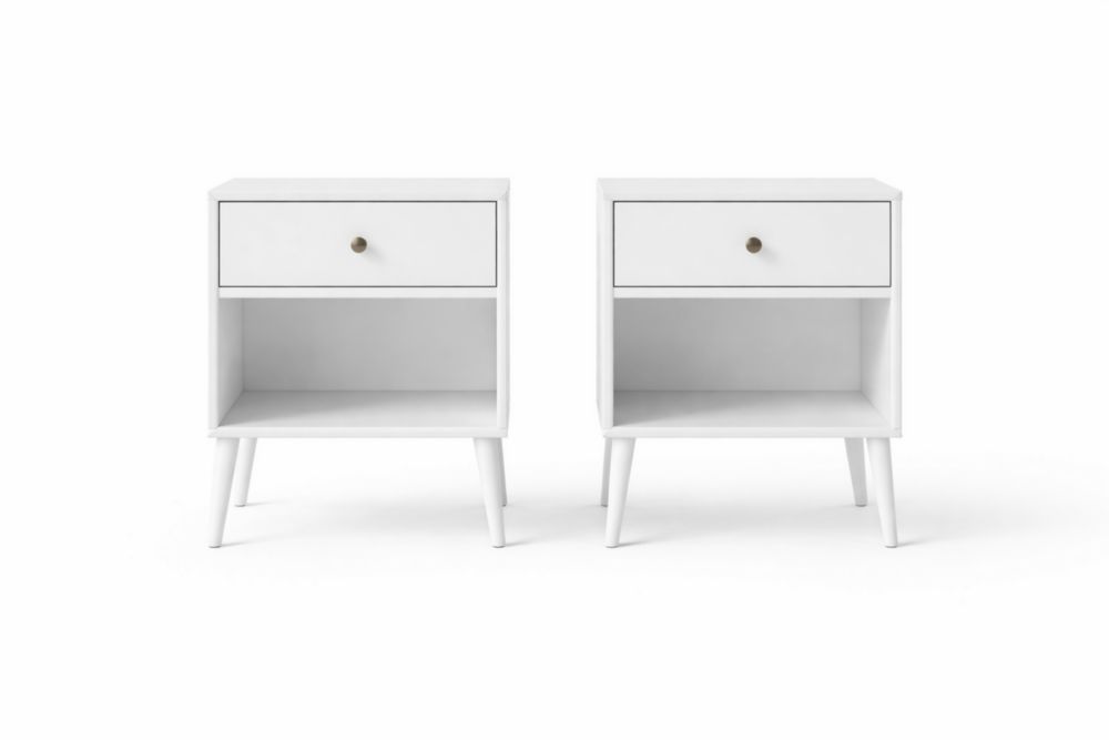 Set di 2 comodini in legno bianco con cassetto e ripiano aperto
