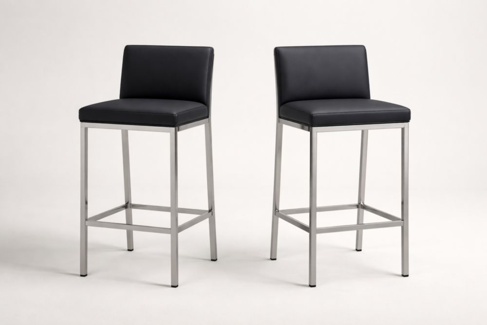 Set di 2 sgabelli alti in acciaio inossidabile e pelle sintetica nera