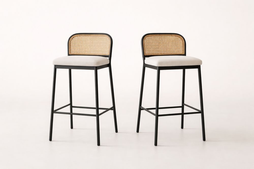 Sgabelli da Bar in Acciaio con Schienale in Rattan e Seduta in Tessuto Grigio Set di 2