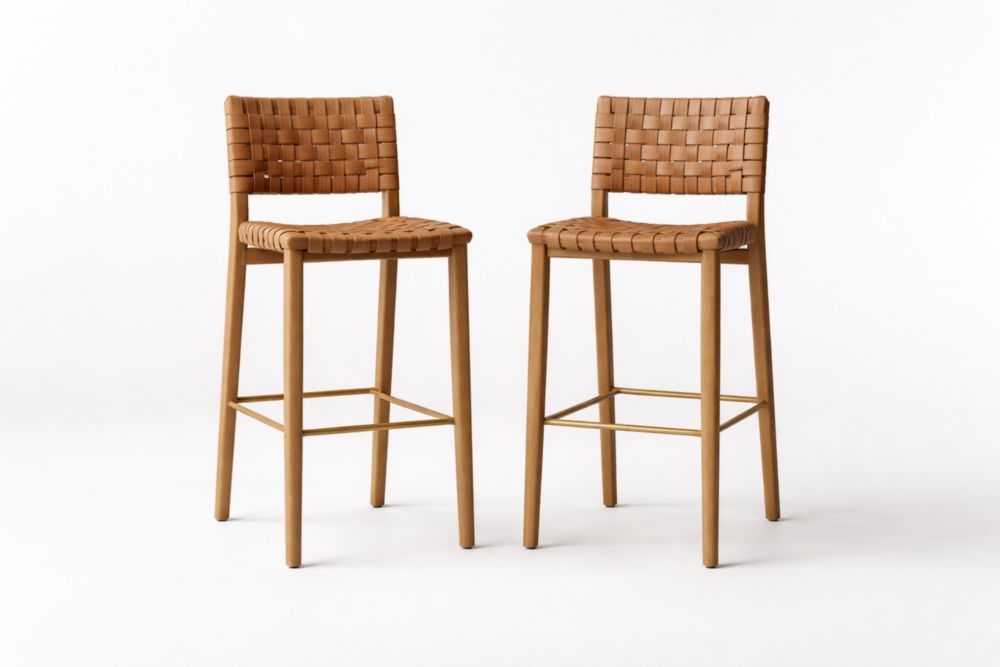 Set di due sgabelli in legno e pelle intrecciata Marrone